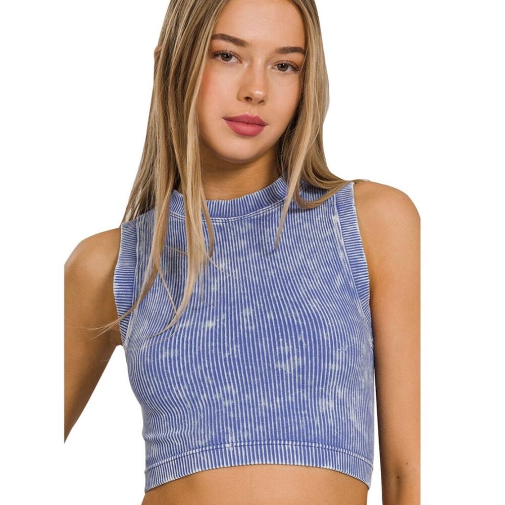 Zenana NWT Stone Washed Ribbed Seamless Crop Top Light Indigo Multiple Sizes